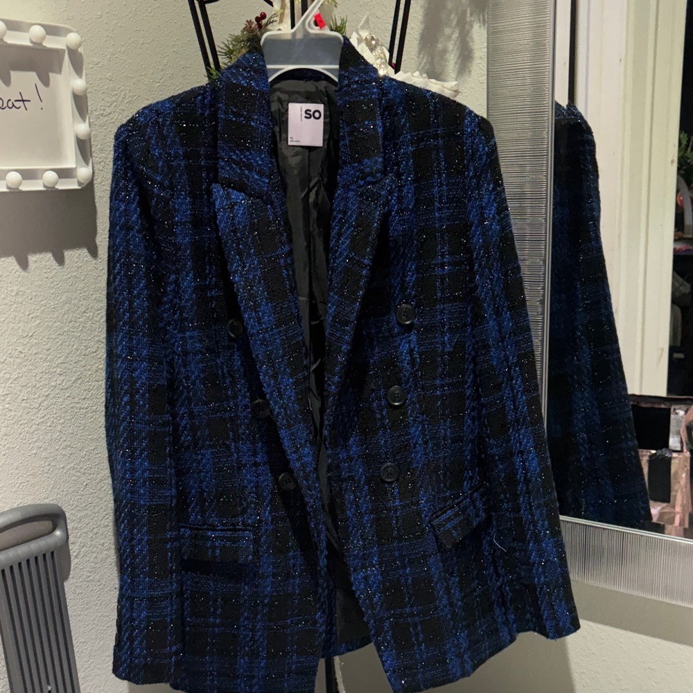 SO Womens Navy and Black Checkered Blazer